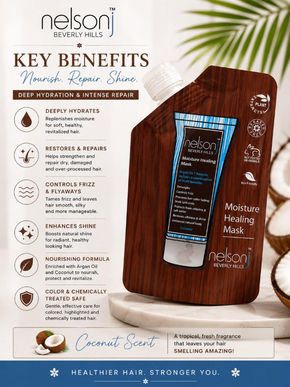 Nelson j Beverly Hills Moisture Healing Hair Mask Coconut 3.4 oz Argan Oil Treat - Picture 3 of 3